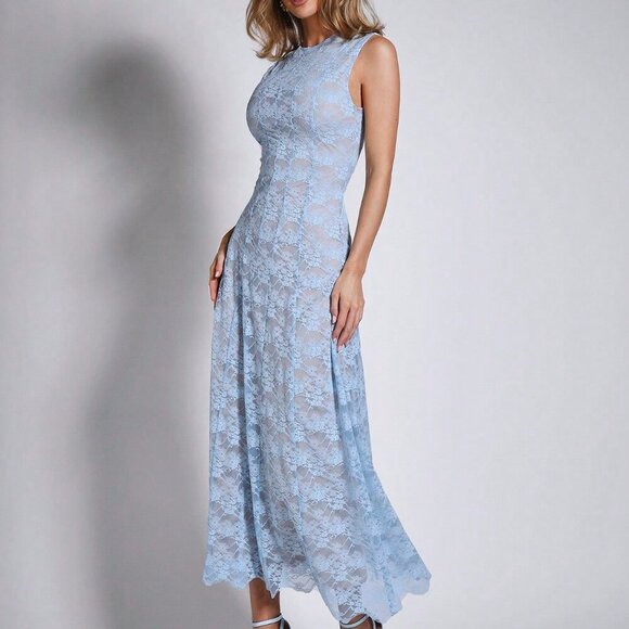 Blue Elegant Women's Lace Sleeveless Mid-Length Dress - Picture 6 of 7